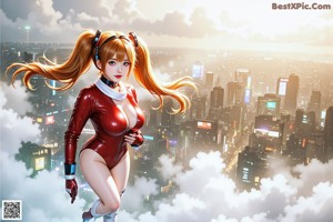 A woman in a red latex outfit standing in the middle of a city.