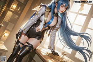 A woman with blue hair wearing a white and black outfit.