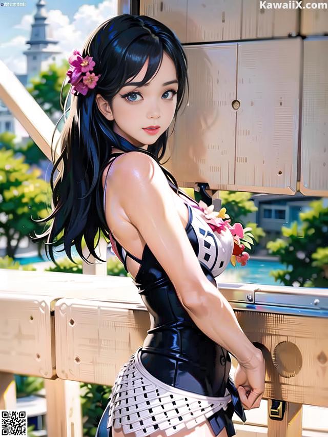 A woman in a black and white bathing suit with flowers in her hair.