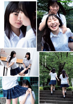 A collage of photos of a girl in a school uniform.