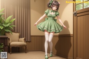 A woman in a green dress and stockings posing for a picture.