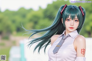 A woman with long green hair sitting on the ground.