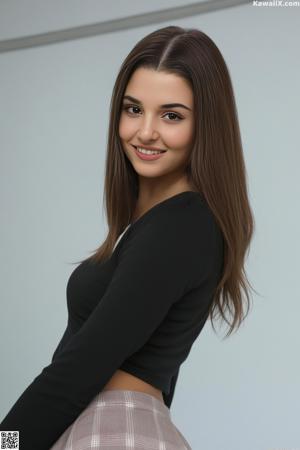 A woman in a red and black dress posing for a picture.