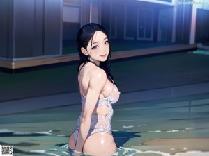 A woman in a black and white outfit is standing in the water.