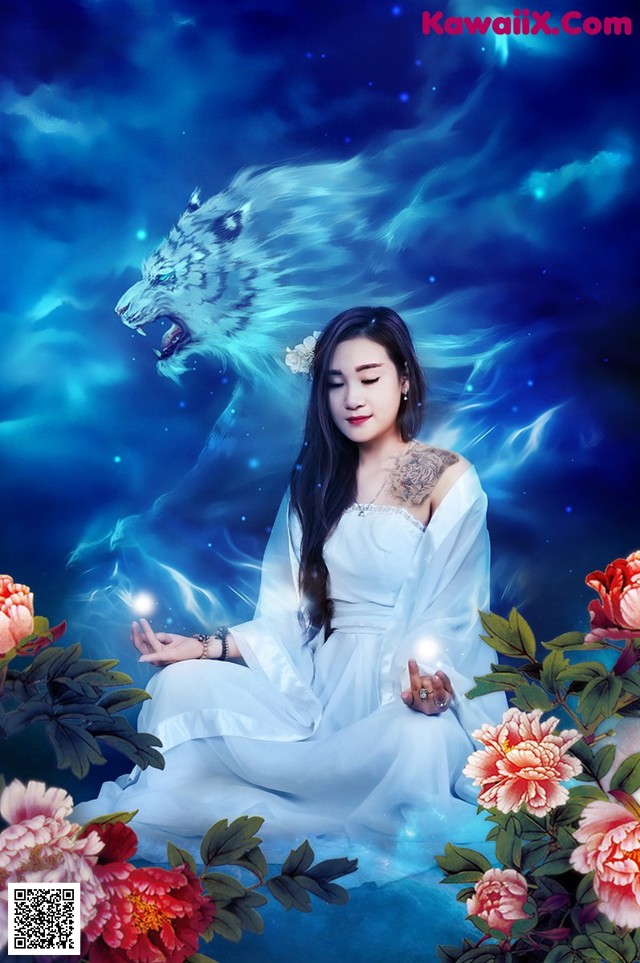 A woman in a white dress sitting in front of a white wolf.