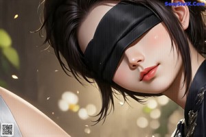 A woman in traditional attire stands by a window, blindfolded, with a serene expression.