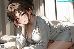A woman in a green bikini sitting on a bed.