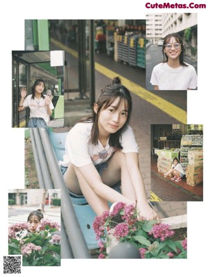 A woman in a white shirt is looking at the camera.