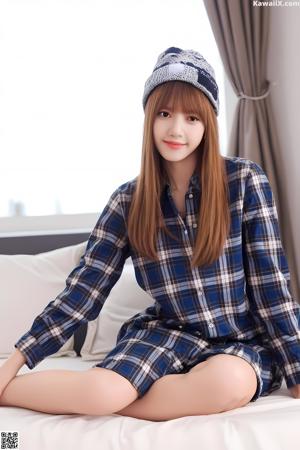 A woman in a white shirt and plaid skirt posing for a picture.