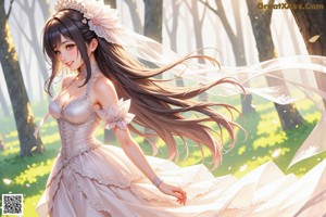 A woman in a wedding dress standing in the woods.