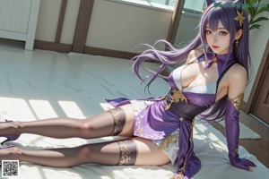 A woman in a purple and white outfit posing on a couch.