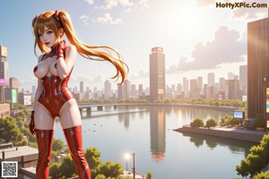 A woman in a red latex outfit standing in the middle of a city.