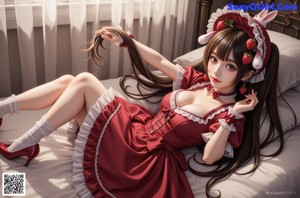 A woman in a red and white dress with a bunny on her head.