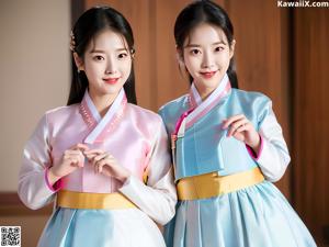 A woman in a pink and white hanbok standing next to another woman.