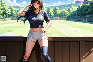 A woman in a bikini standing in front of a baseball field.