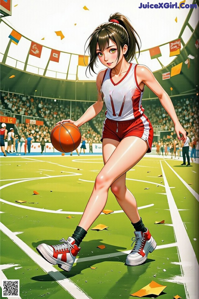 A woman in a red and white uniform holding a basketball.