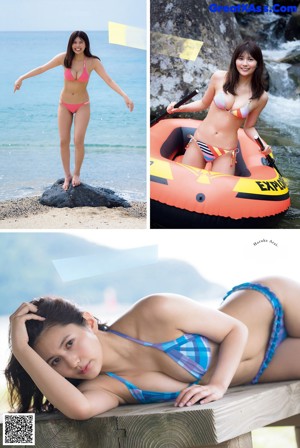 A woman in a bikini sitting on a rock by the ocean.