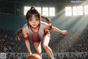 A girl in a white shirt and black shorts holding a basketball.