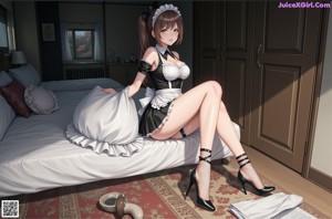 A woman in a maid outfit crouching down on the floor.