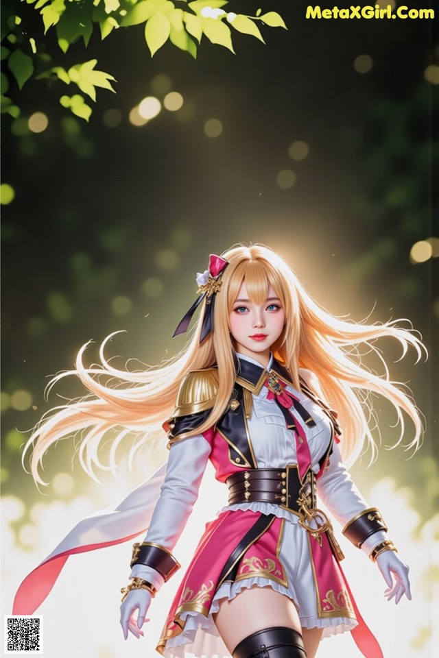 A woman with long blonde hair wearing a pink and white outfit.