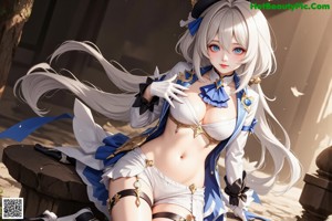 A woman in a blue and white outfit holding a sword.