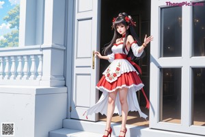 A woman in a red and white dress holding a red ribbon.