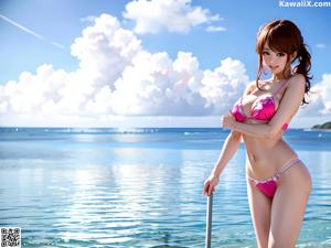 A woman in a blue bikini sitting on the beach.