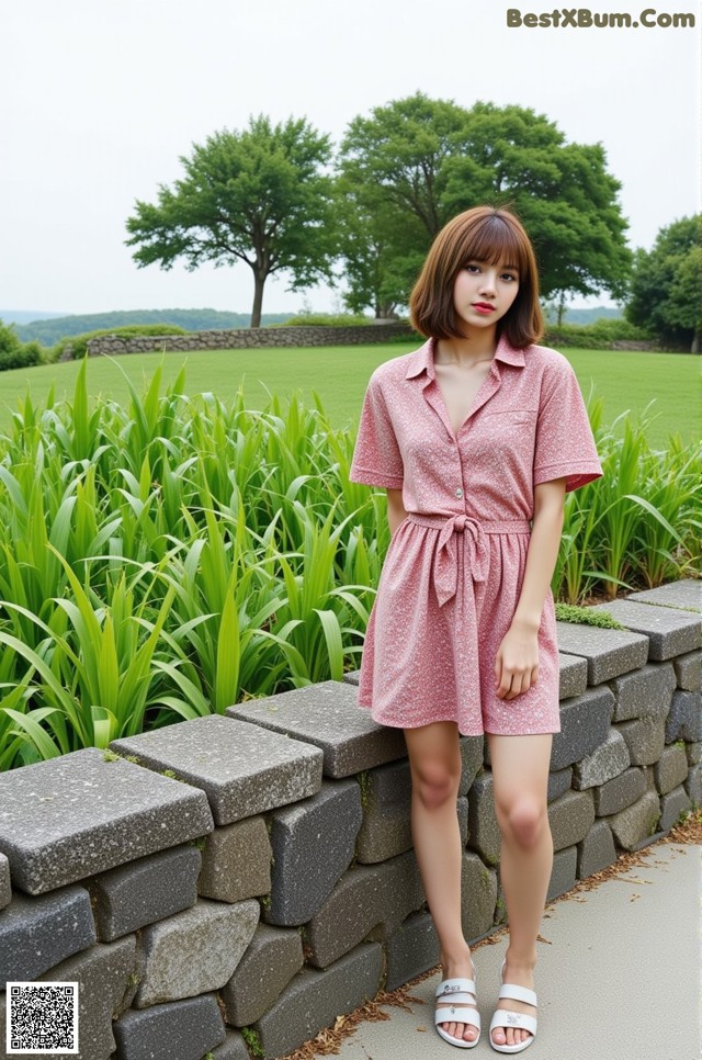 A woman standing in front of a stone wall.
