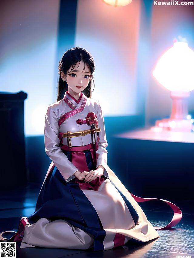A woman in a kimono sitting on the floor in front of a lamp.