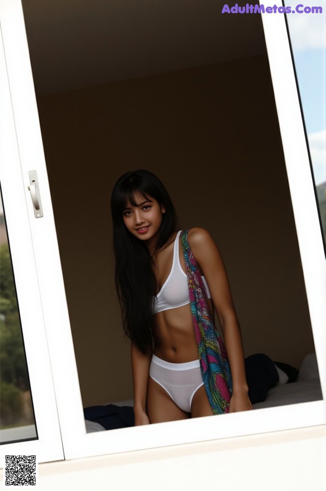 A woman in a white bikini standing in front of a window.