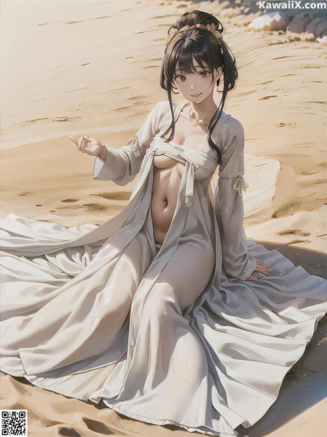 A woman in a white dress sitting on a sandy beach.
