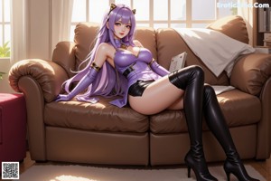 A woman with purple hair wearing a black and white outfit.