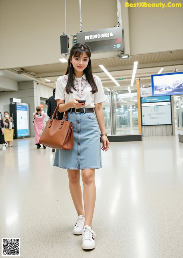 a woman in a white shirt and blue denim skirt