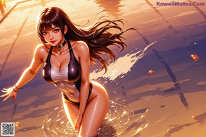 A woman in a bikini sitting next to a swimming pool.