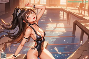 A woman in a bikini sitting next to a swimming pool.