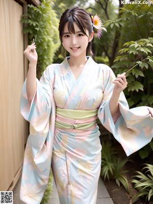 A woman in a blue kimono posing for the camera.