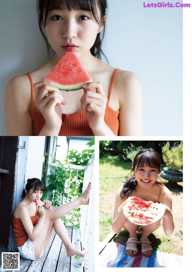 A woman sitting on a porch eating a slice of watermelon.