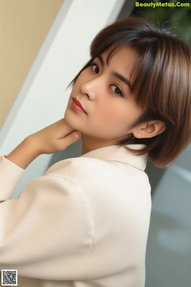A woman in a white shirt is posing for a picture.