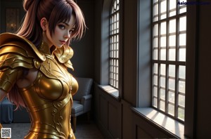 A woman in a golden costume standing in front of a window.