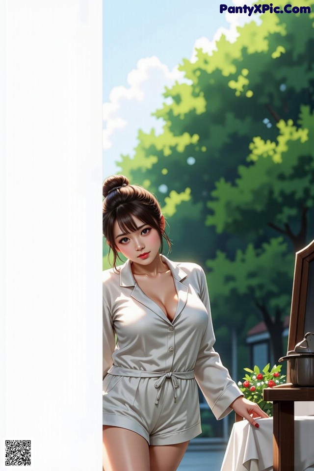 A woman in a white shirt and shorts standing next to a table.