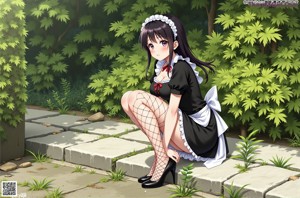 A woman in a maid outfit sitting on a chair.