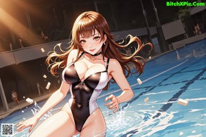 A woman in a black bathing suit standing next to a swimming pool.