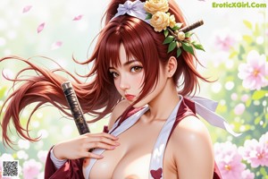 A woman in traditional attire stands amidst cherry blossoms, holding a sword.