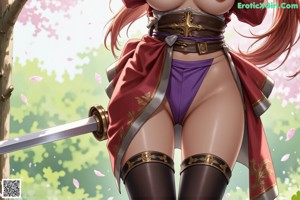 A woman in a red and white outfit holds a sword, standing amidst cherry blossoms near a waterfall.
