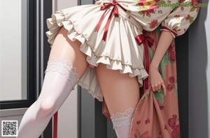 A woman in a red and white dress and stockings posing for a picture.