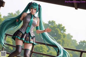 A woman with long green hair holding a pen.