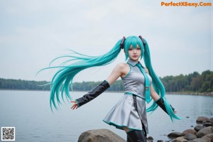 A woman with long blue hair sitting on a rock in a forest.