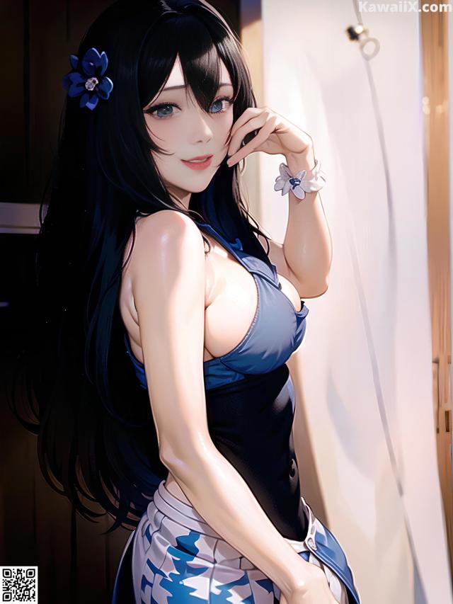 A woman in a blue and white dress posing for a picture.