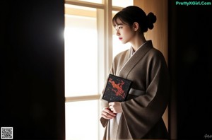 A woman in a kimono holding a black fan.